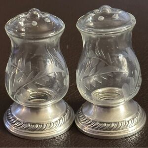 Vintage Quaker Hurricane Sterling Silver 1930s Etched Glass Salt Pepper Shakers
